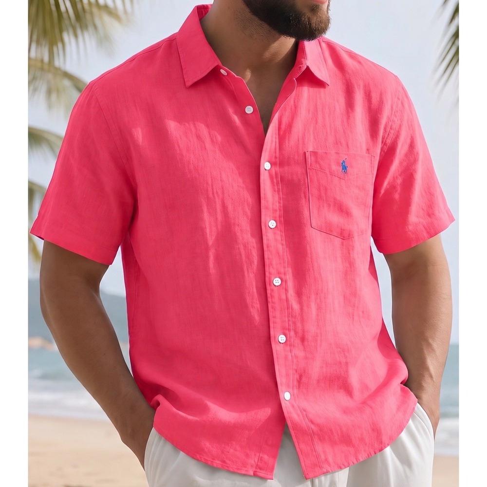 Polo Ralph Laure Red Linen Blend Camp Shirt Men's XL Loop Collar MSRP $125